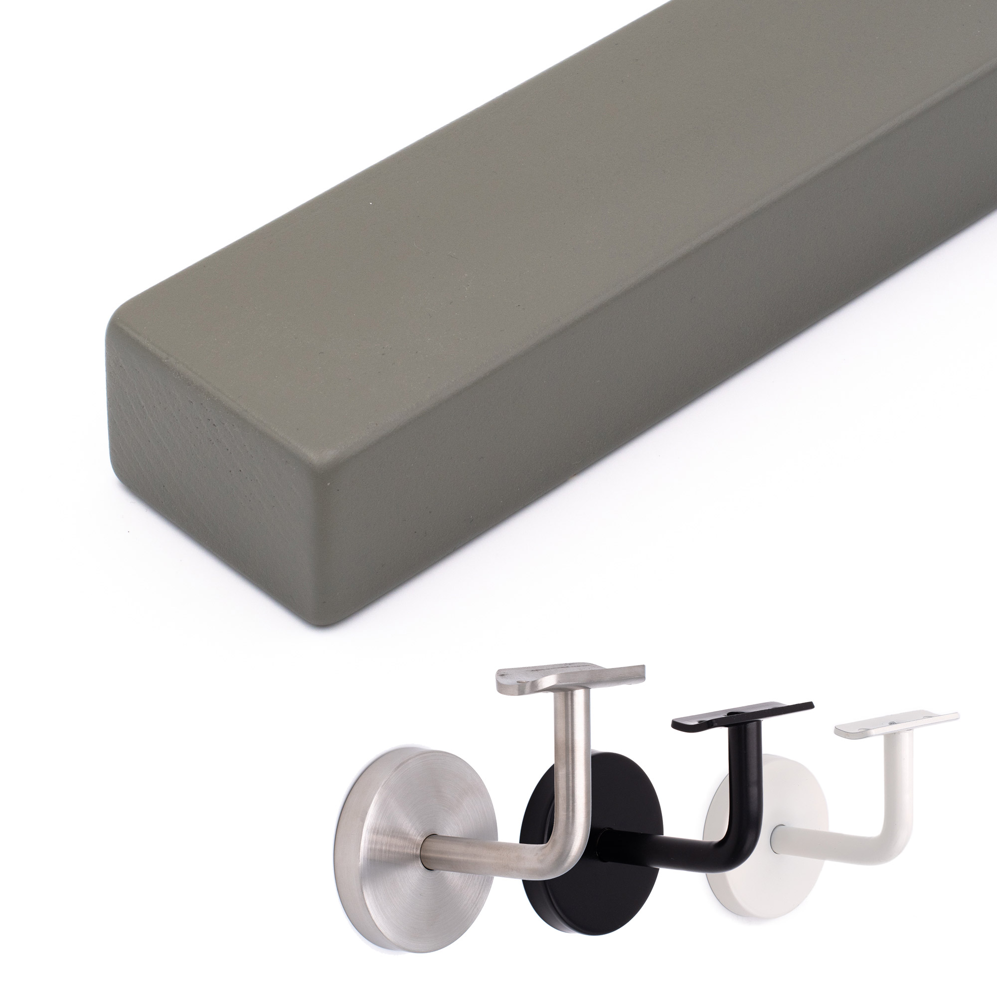 Pasamanos rectangular de haya gris en horizontal, cantos redondeados, junto a soportes en acero inoxidable, negro y blanco