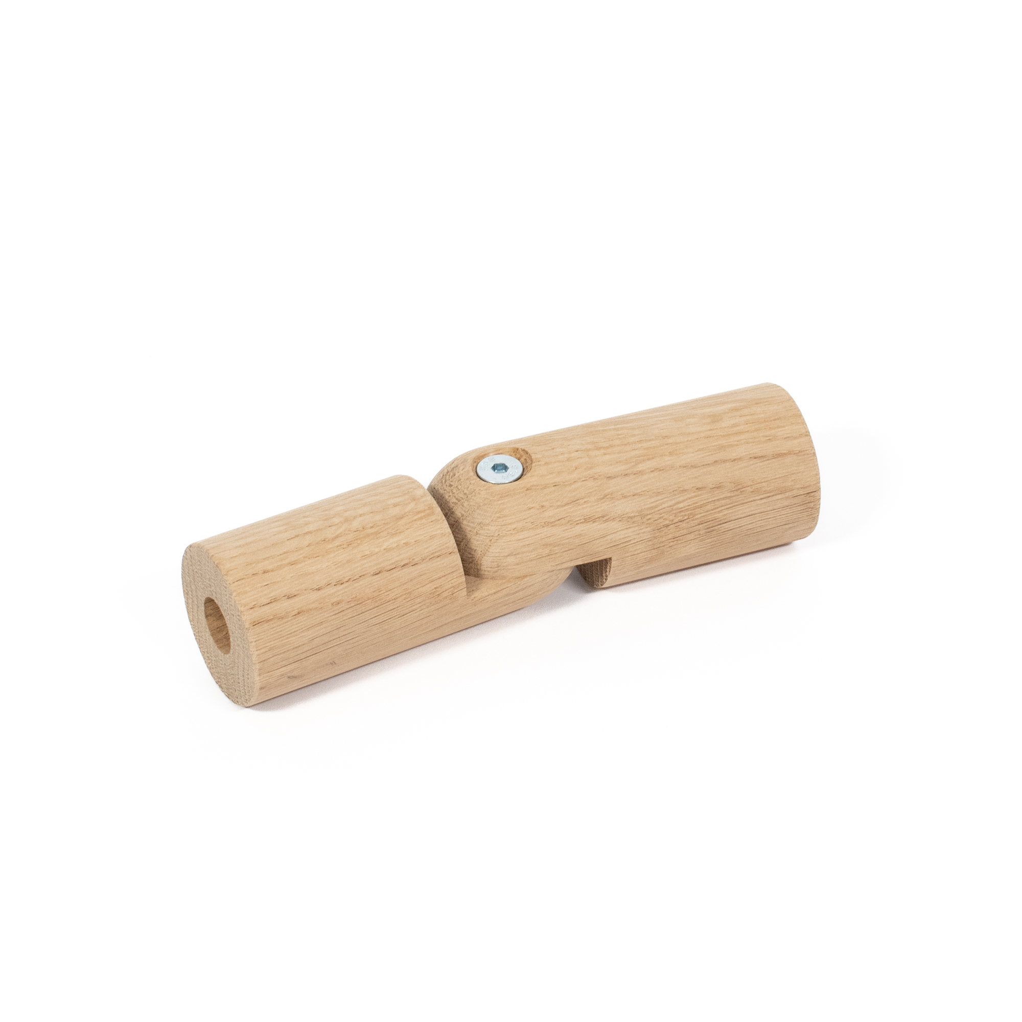 Ángulo flexible de roble Ø 42 mm para pasamanos de madera, algo angulado, tornillo de articulación visible, desde arriba