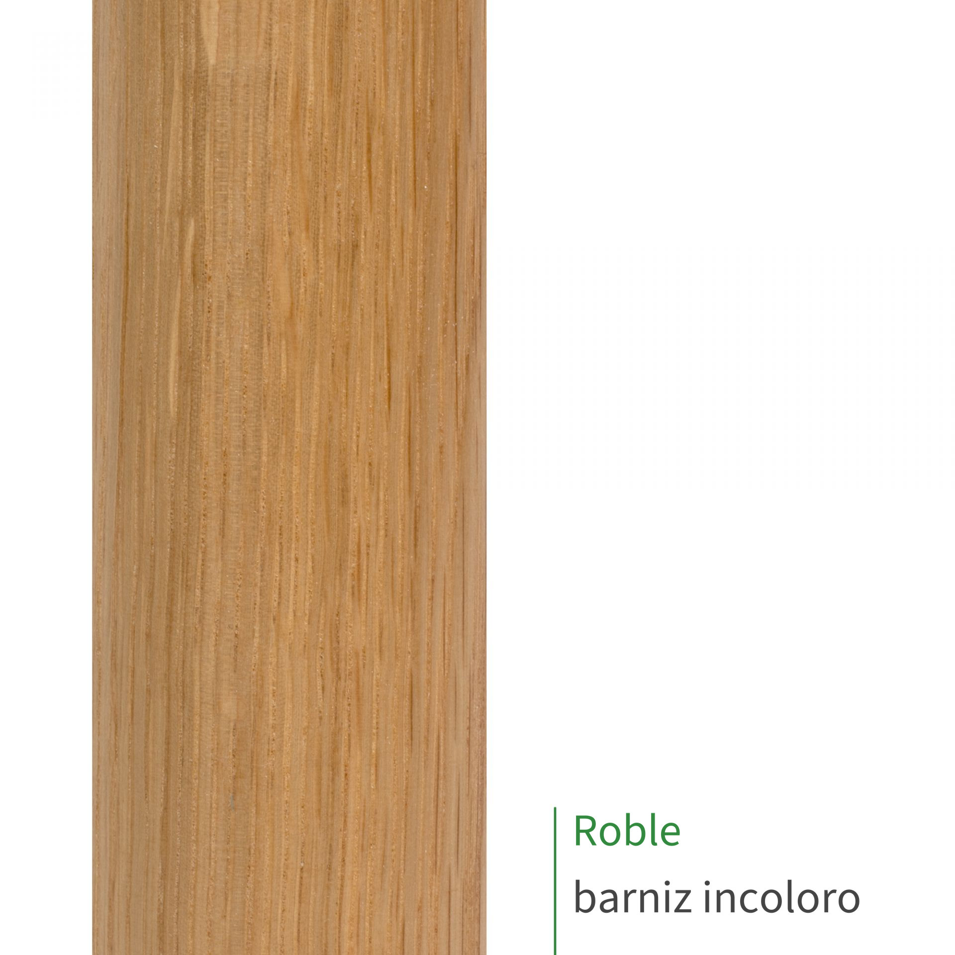 Muestra de pasamanos de roble con barniz incoloro, veteado dorado uniforme, rótulo «Roble barniz incoloro»