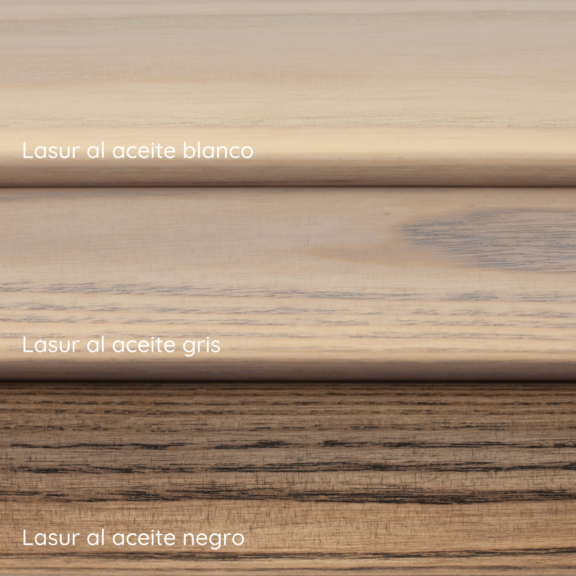 Lasur al aceite blanco, gris y negro sobre pasamanos de fresno: tres muestras de color superpuestas con rótulo