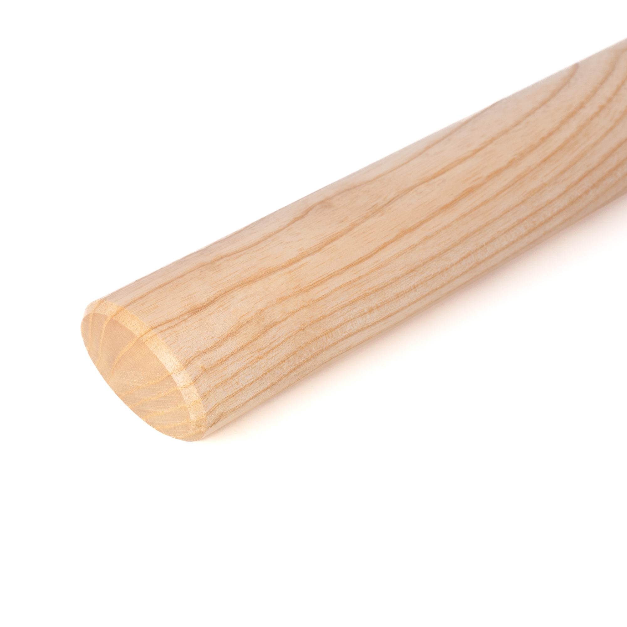 Pasamanos ovalado de fresno con bisel de 3 mm, primer plano del extremo con canto ligeramente biselado, madera clara