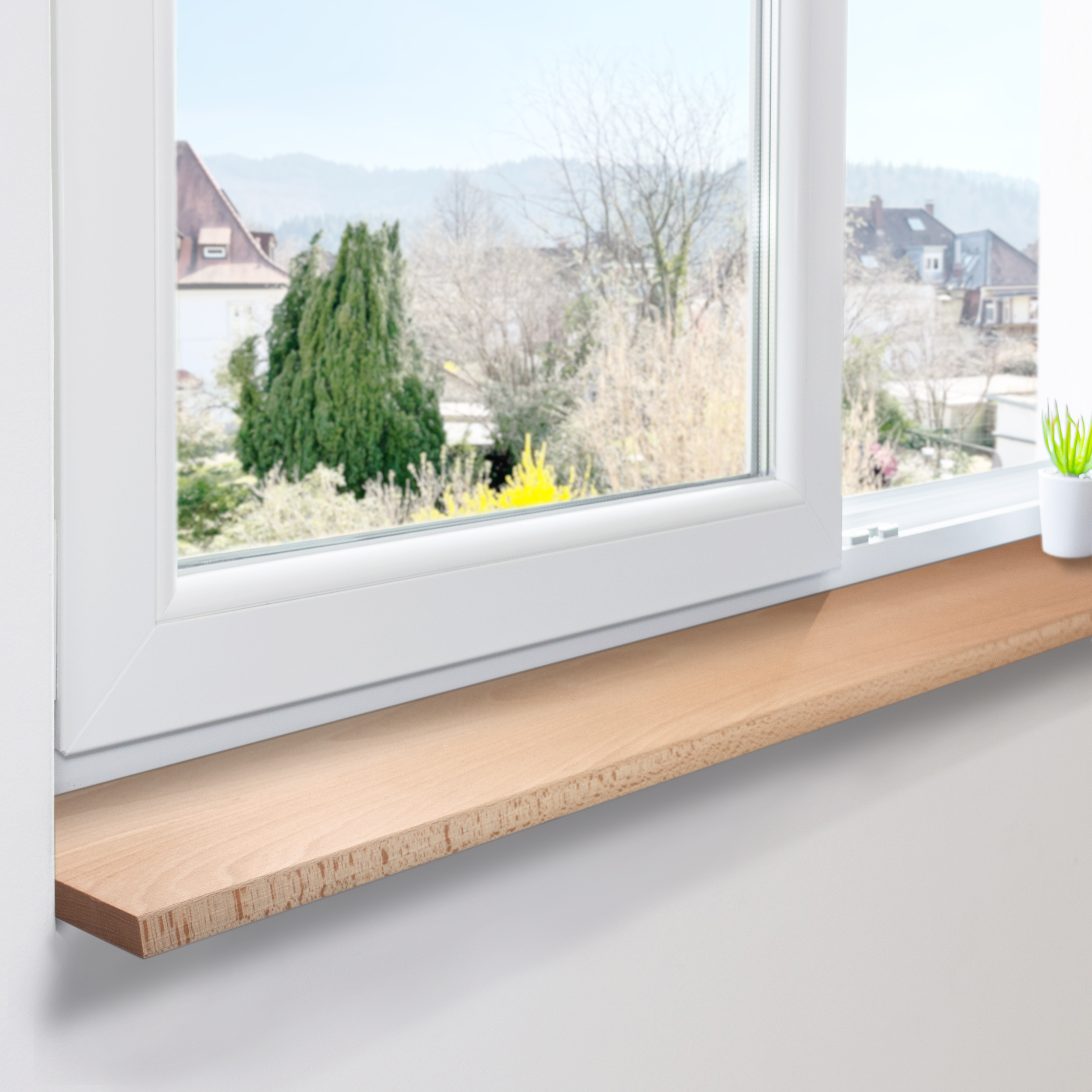 Alféizar de haya natural de lamas continuas en ventana blanca con vista al jardín, pequeña planta a la derecha