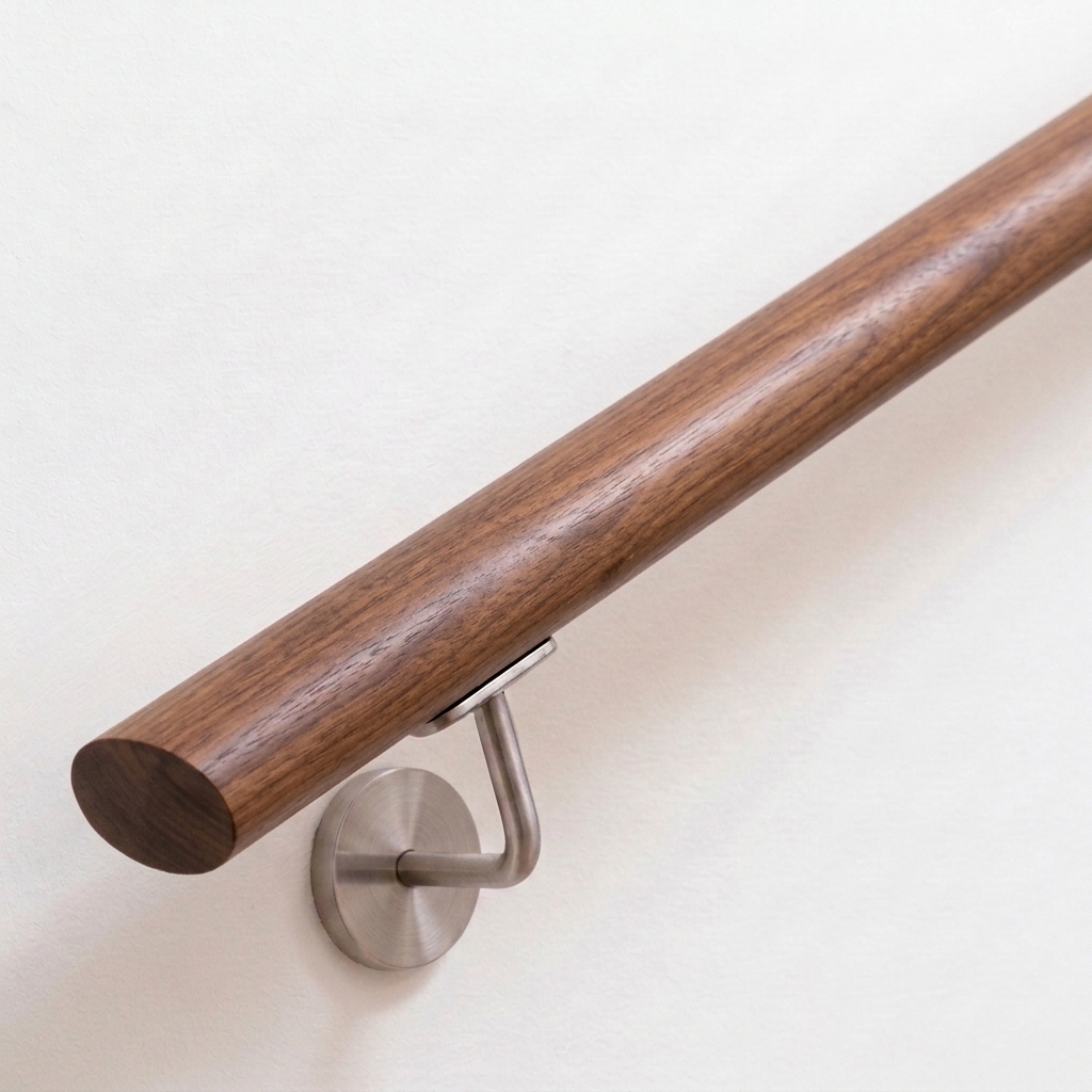 Pasamanos ovalado de nogal en pared blanca con soporte de acero inoxidable, madera marrón oscuro con testa recta