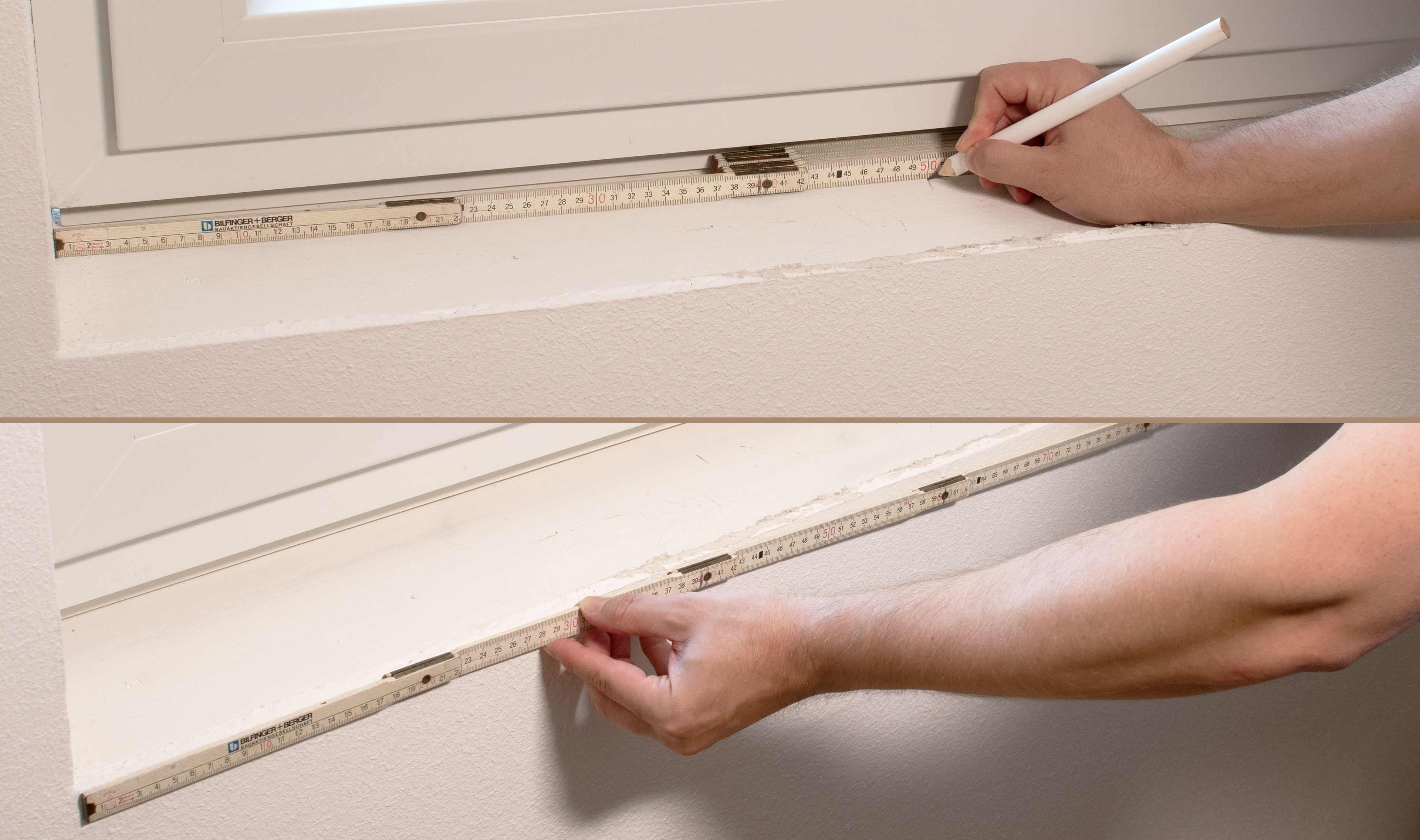 Medir el alféizar: una mano mide el hueco de la ventana con metro plegable y marca el ancho con lápiz, dos pasos