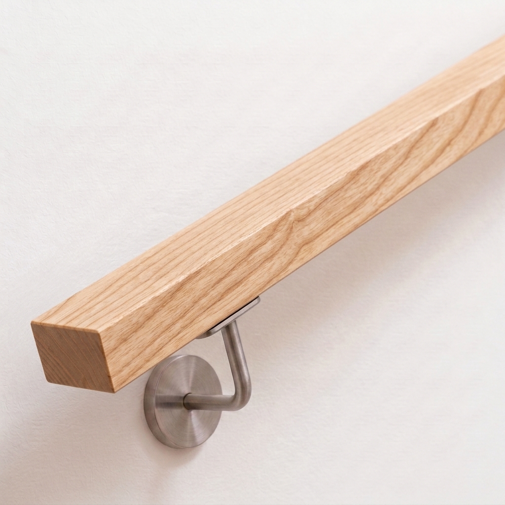 Pasamanos rectangular de fresno en madera clara con veteado y soporte de acero inoxidable en pared blanca, extremo recto
