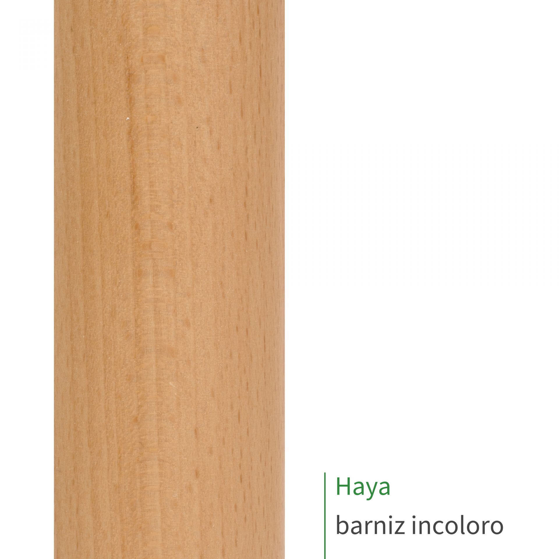 Muestra de pasamanos de haya con barniz incoloro, veteado claro y uniforme, rótulo «Haya barniz incoloro»
