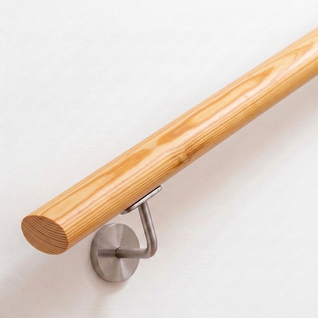 Pasamanos ovalado de pino de veteado amarillento con soporte de acero inoxidable en pared blanca, extremo recto, en oblicuo
