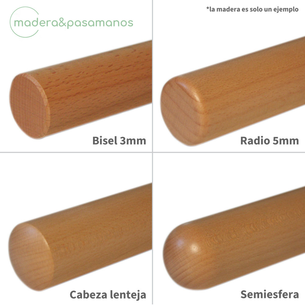 Acabados de extremo para pasamanos redondo de madera: bisel 3 mm, radio 5 mm, cabeza lenteja y semiesfera