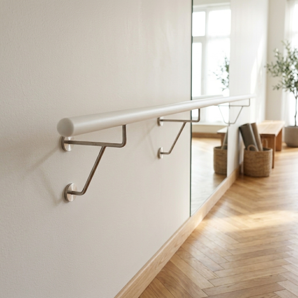 Barra de ballet de haya lacada en blanco con soportes de acero inoxidable en pared blanca, sala con espejo y parquet