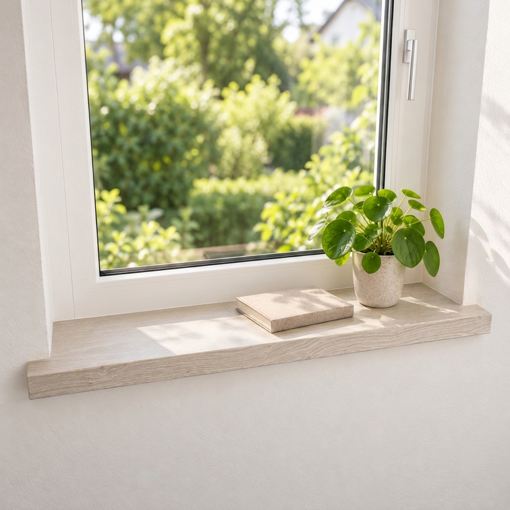 Alféizar de renovación de roble teñido de blanco, madera maciza, en ventana con vista al jardín, planta en maceta y libro