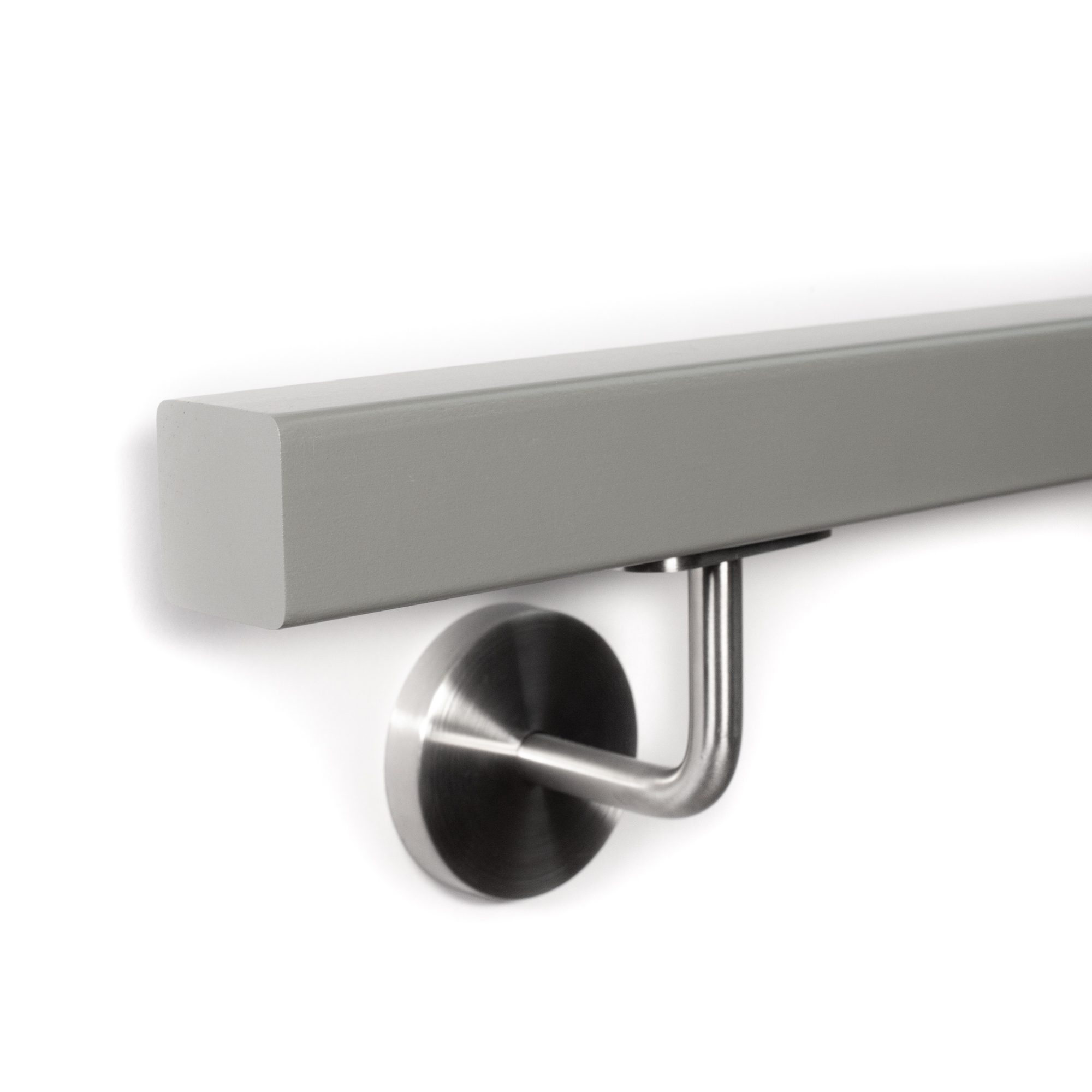 Pasamanos cuadrado de haya gris con soporte de acero inoxidable, extremo recto con cantos vivos, montaje en pared