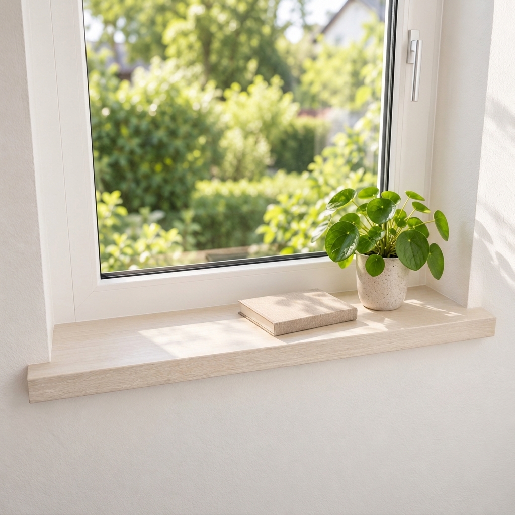 Alféizar de renovación de haya teñido de blanco, madera maciza, ante ventana blanca con vista al jardín, pilea en maceta