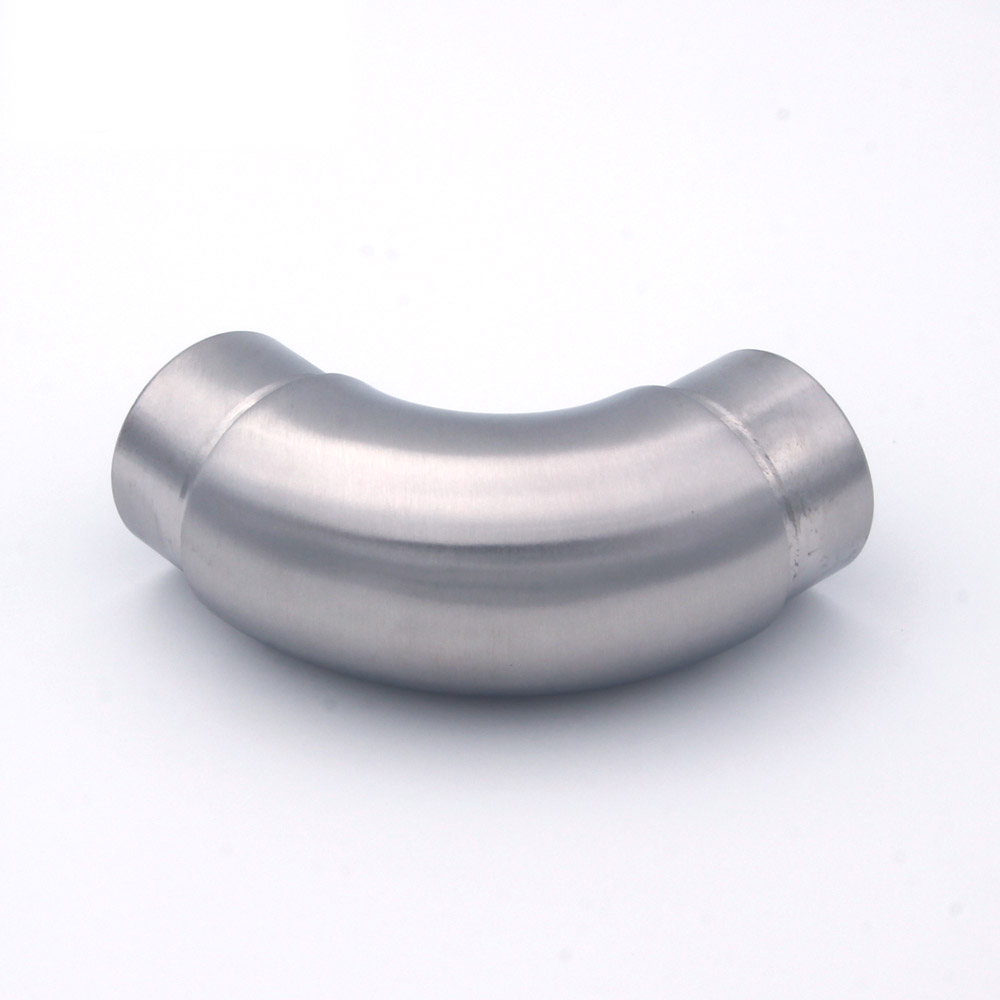 Codo redondo de 90° para pasamanos de acero inoxidable de 42,4 mm de diámetro, vista lateral con ambos casquillos de encaje