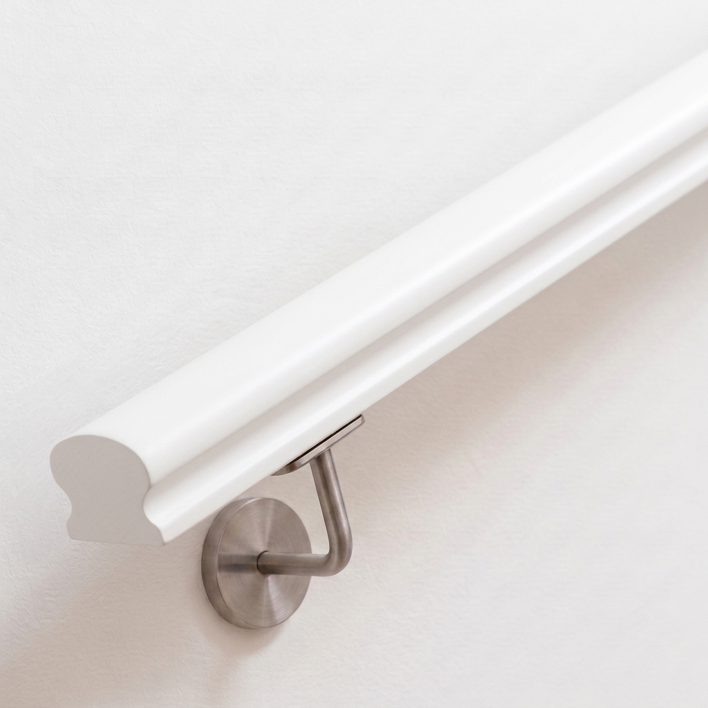 Pasamanos Omega blanco de haya lacado con sección perfilada, soporte de acero inoxidable en pared blanca, extremo recto