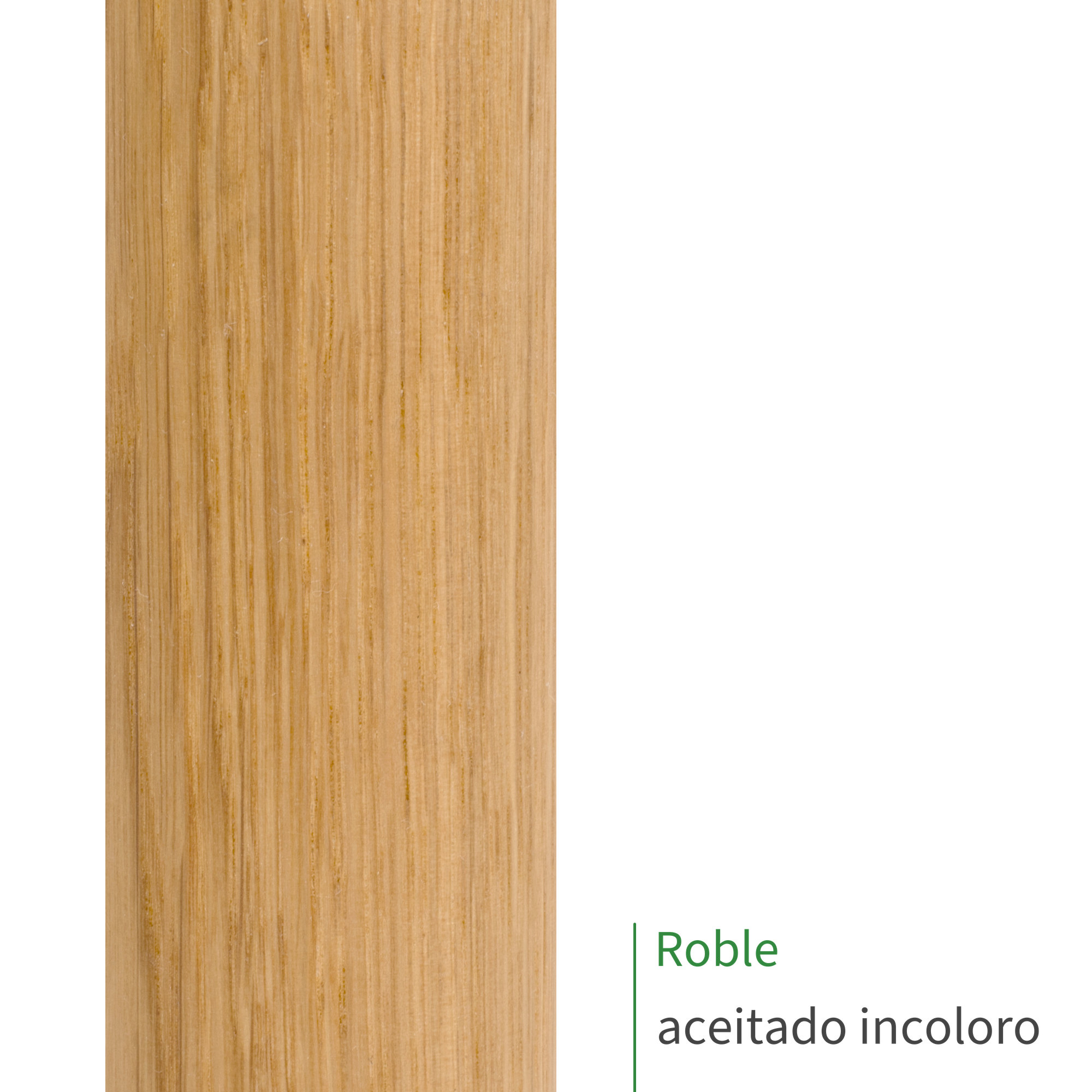 Muestra de pasamanos de roble aceitado incoloro, veteado dorado y recto, rótulo «Roble aceitado incoloro»