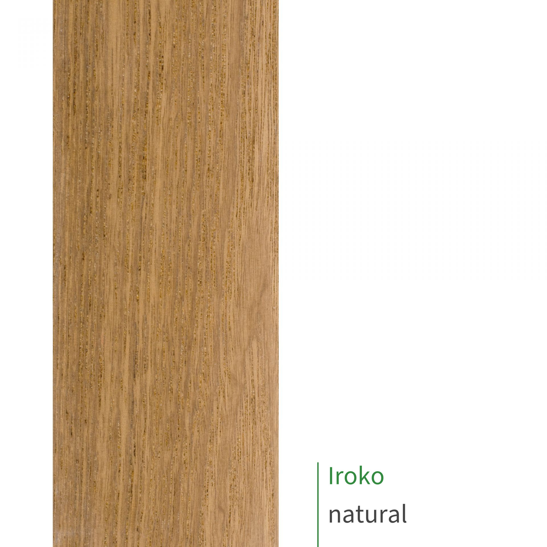 Muestra de pasamanos de iroko sin tratar, veteado marrón dorado fino, rótulo «Iroko natural»