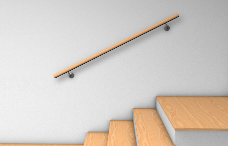 Pasamanos redondo de madera en la pared con dos soportes a lo largo de la escalera, render de la posición de los soportes