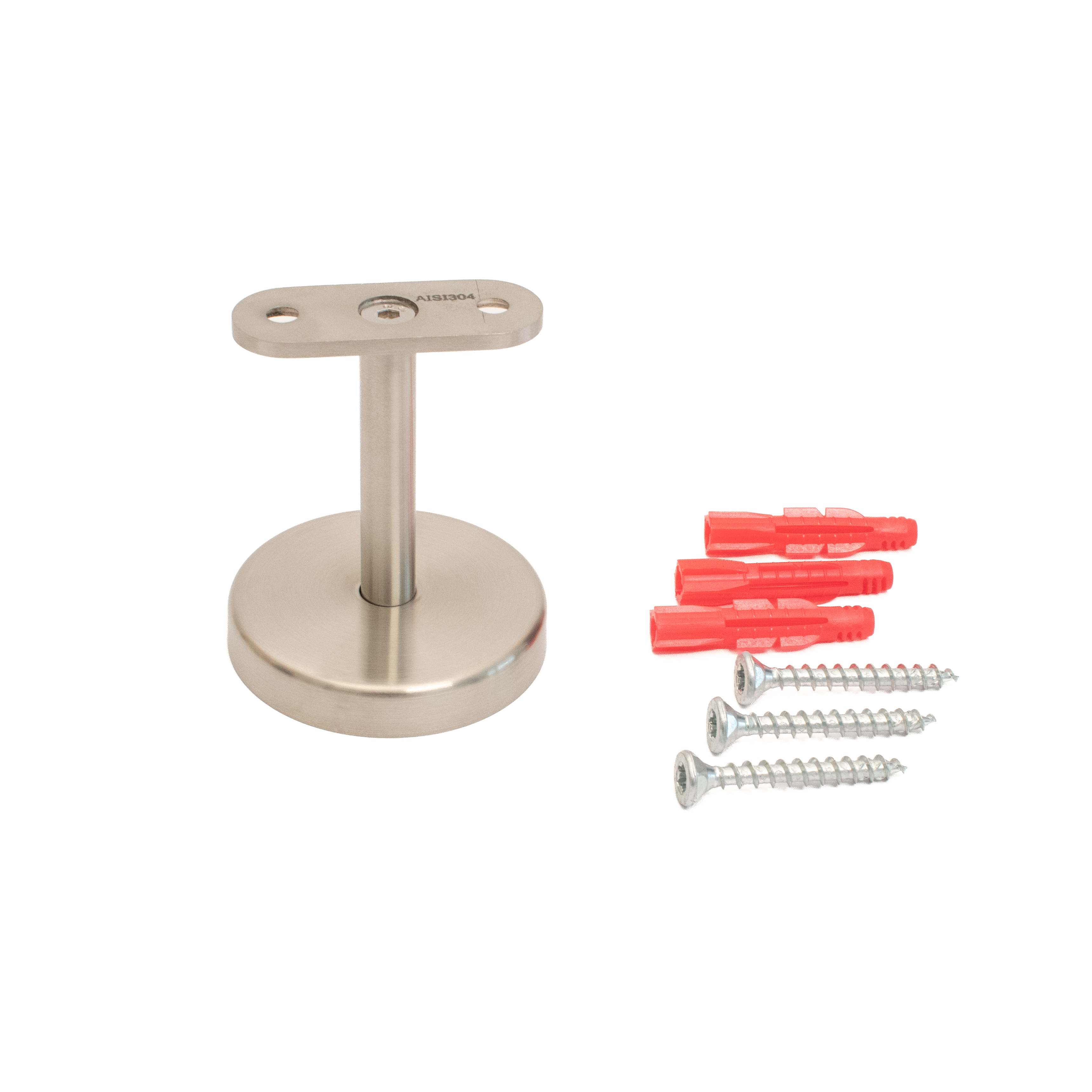 Soporte para pasamanos modelo 06 corto de acero inoxidable, placa recta, fijación en 3 puntos, tres tacos rojos y tornillos