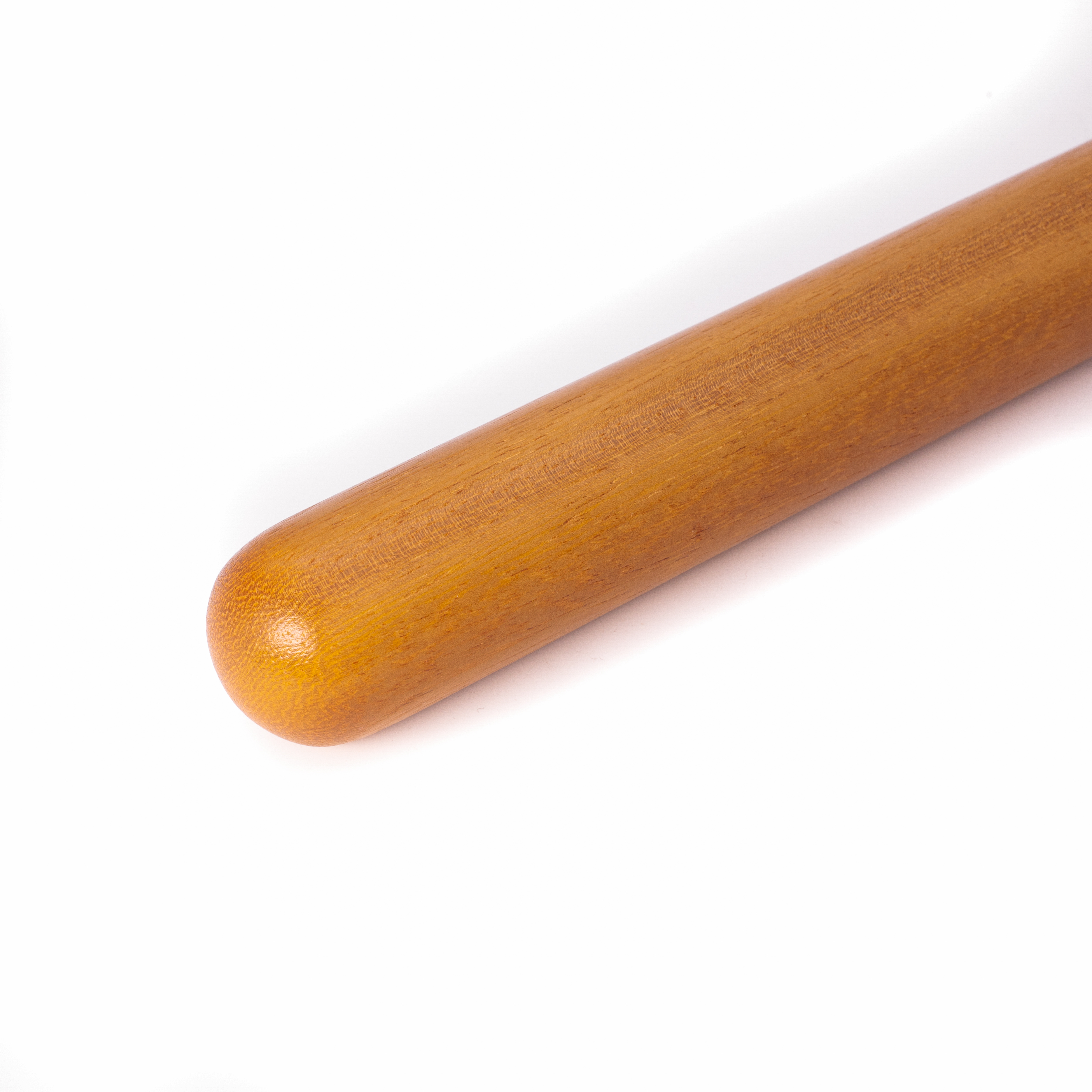 Pasamanos redondo de iroko con extremo en semiesfera, recortado, madera marrón dorado de superficie lisa, vista oblicua