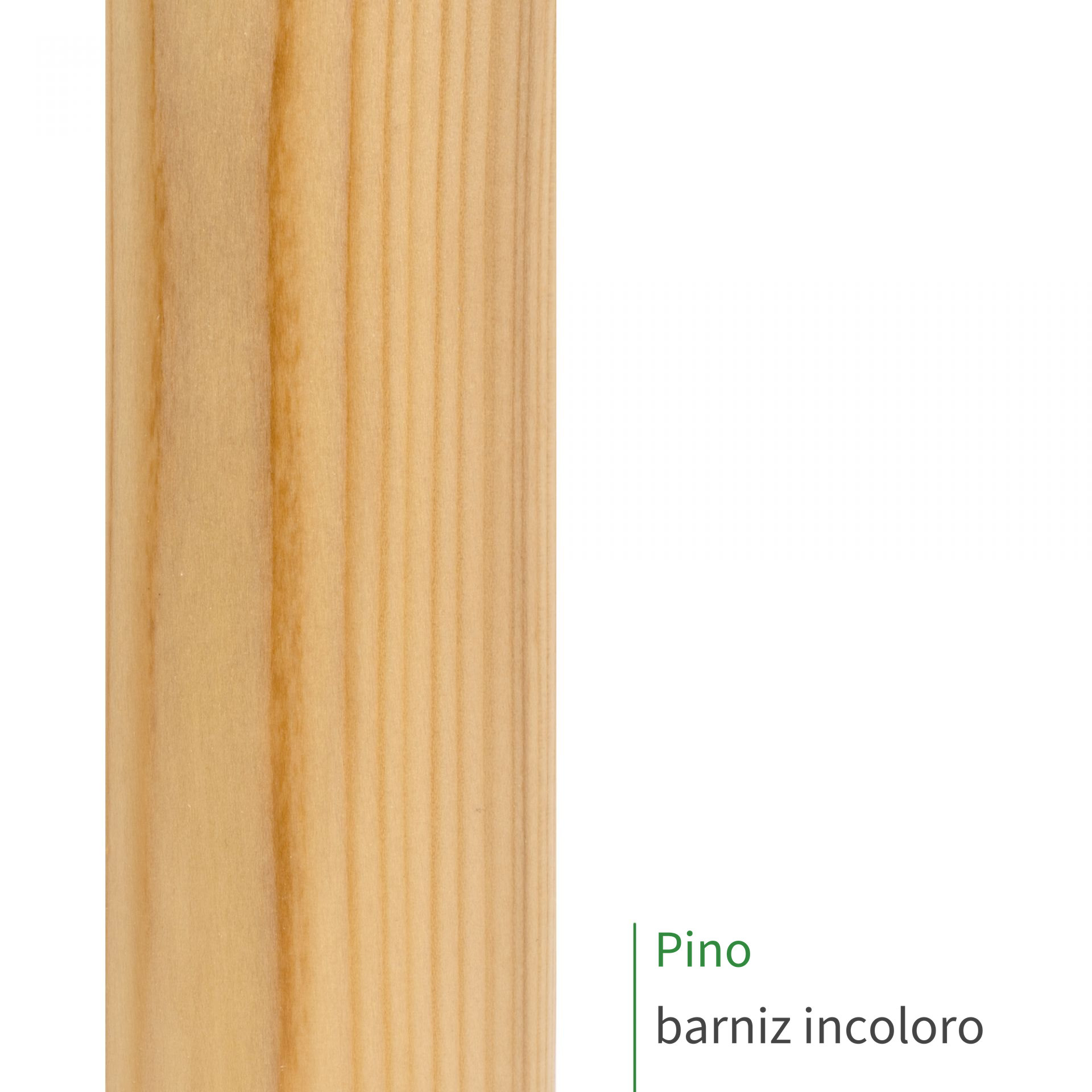Muestra de pasamanos de pino con barniz incoloro, veteado claro con vetas amarillas, rótulo «Pino barniz incoloro»