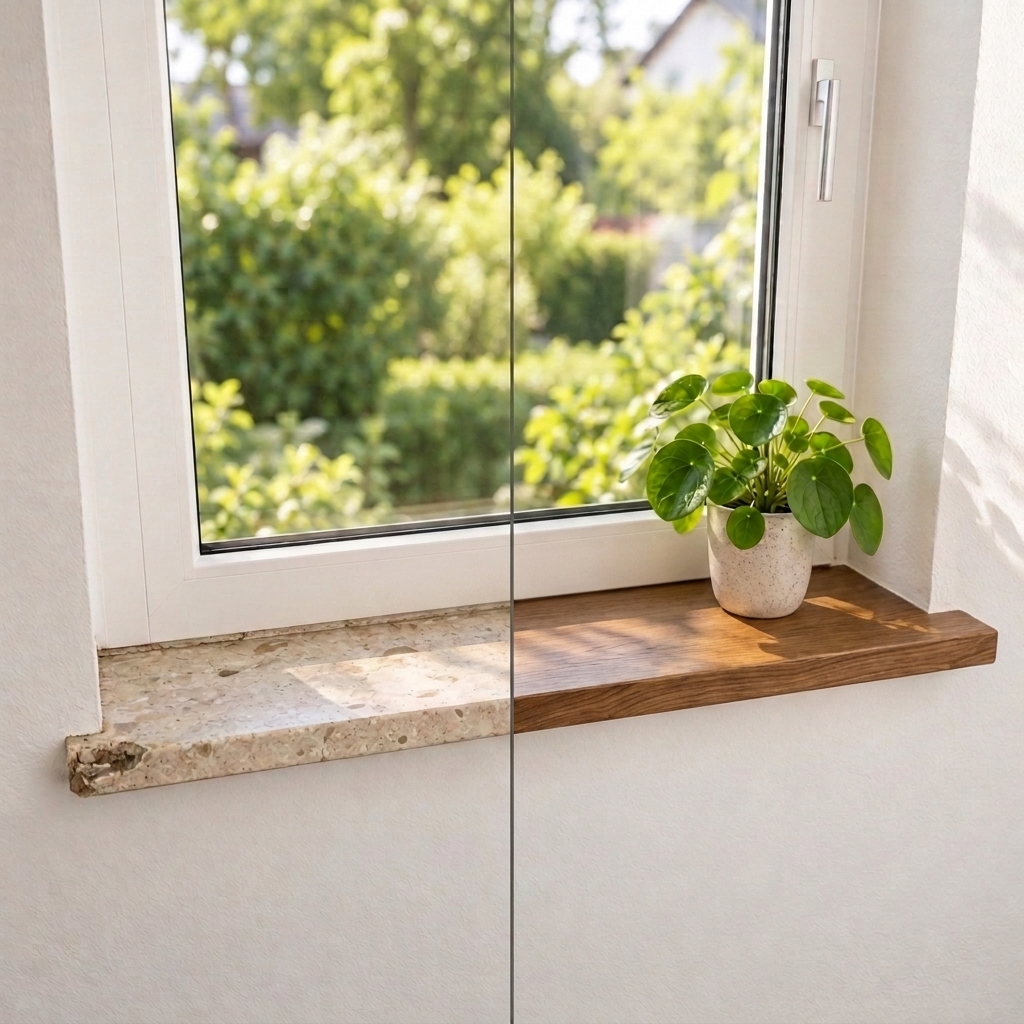 Alféizar de renovación de roble teñido de marrón en la ventana, antes y después: piedra a la izquierda, madera a la derecha