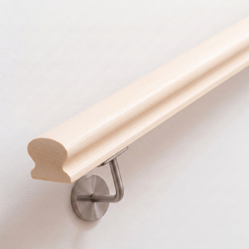 Pasamanos Omega de arce en pared blanca con soporte de acero inoxidable, madera clara natural, perfil Omega visto desde abajo