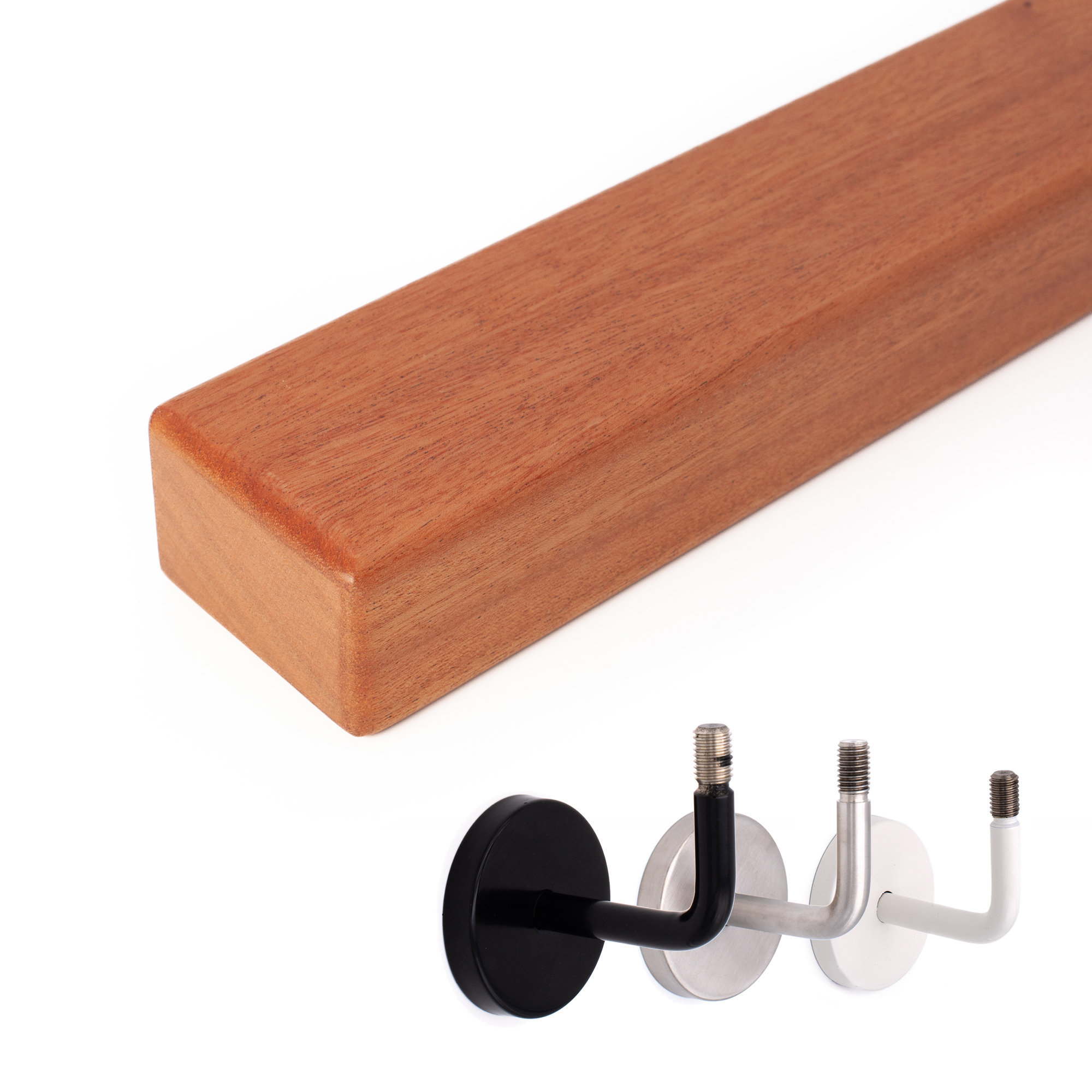 Pasamanos rectangular de cerezo con extremo recto, debajo tres soportes de pared en negro, acero inoxidable y blanco a elegir