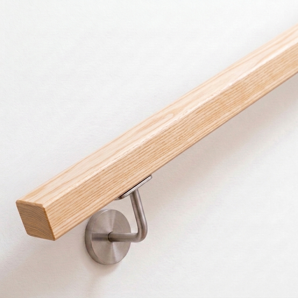 Pasamanos cuadrado de fresno en pared blanca con soporte de acero inoxidable, madera clara con veteado marcado, vista oblicua