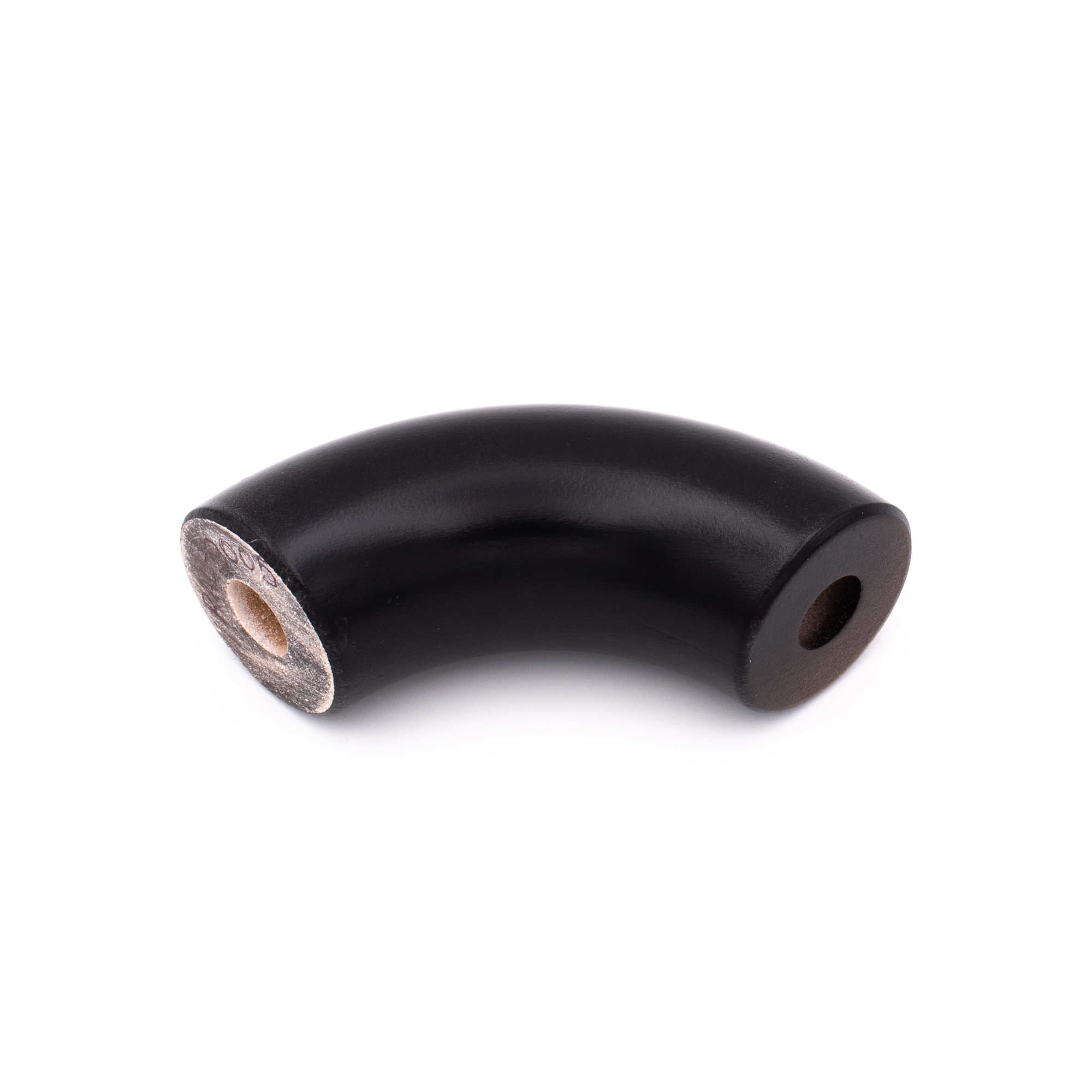 Codo redondo negro de haya de 90° para pasamanos de madera, con taladros en ambos extremos para conectores, fondo blanco