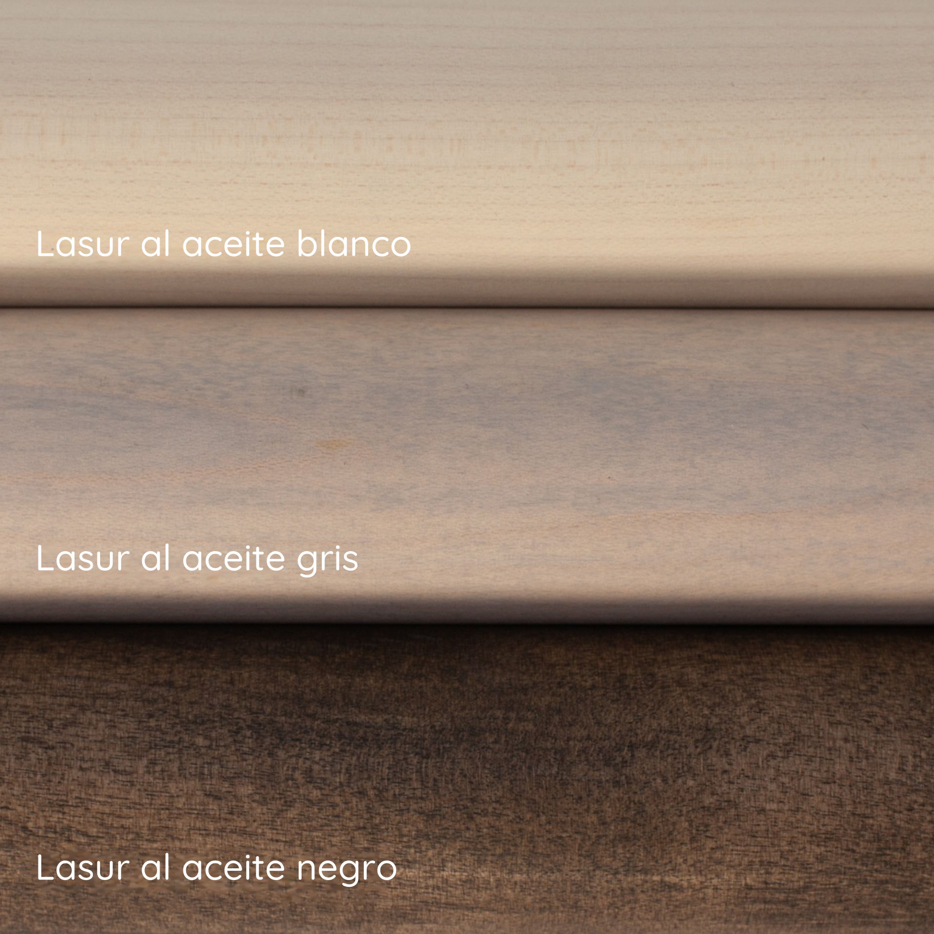 Lasur al aceite blanco, gris y negro sobre pasamanos de arce: tres muestras de color superpuestas con rótulo