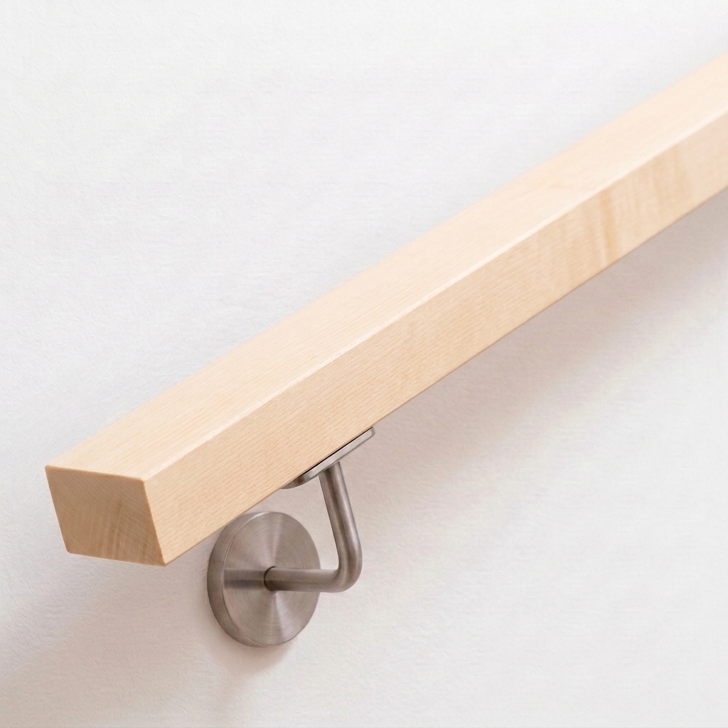 Pasamanos rectangular de arce muy claro con soporte de acero inoxidable en pared blanca, extremo recto, vista oblicua