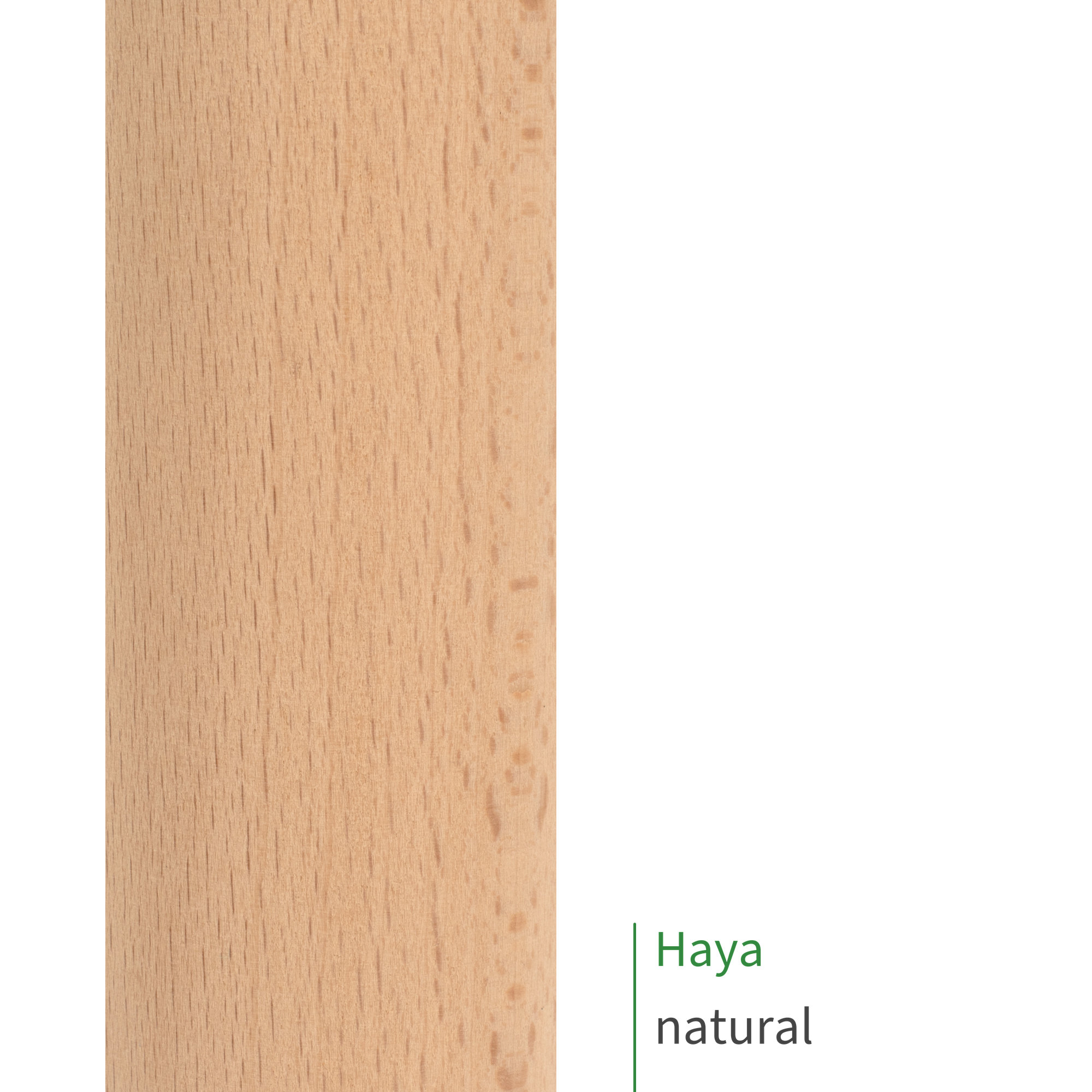 Barra redonda de madera de haya sin tratar: superficie clara con poros finos y rótulo «Haya natural»