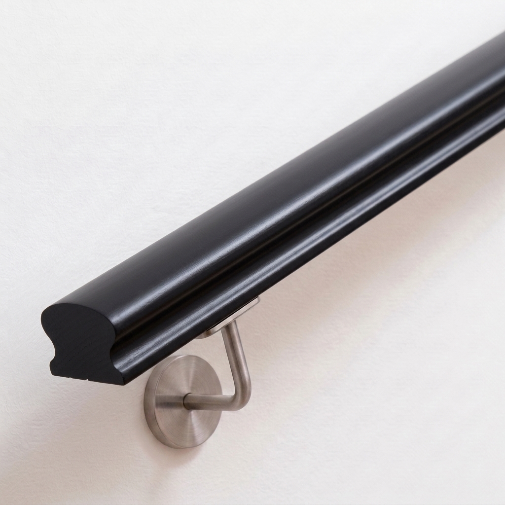 Pasamanos Omega negro de haya lacado con sección perfilada, soporte de acero inoxidable en pared blanca, extremo recto
