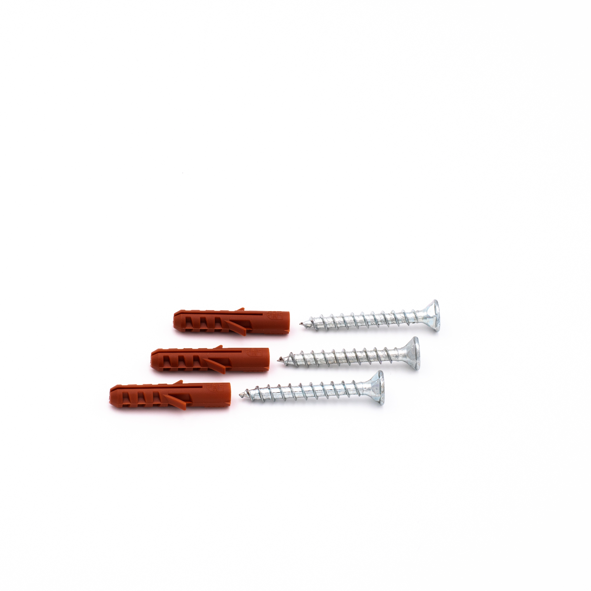 Accesorios de montaje del soporte para pasamanos modelo 01: tres tacos rojos y tres tornillos sobre fondo blanco