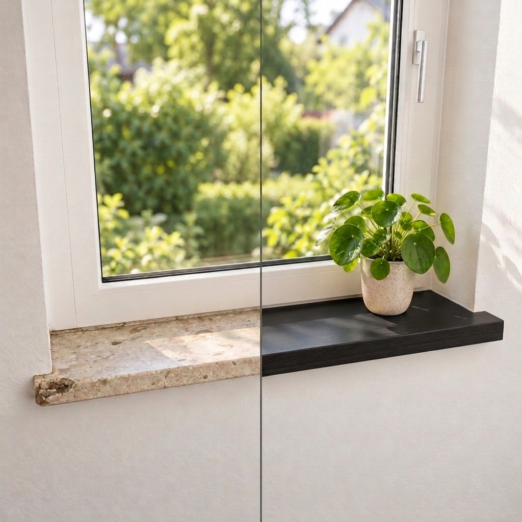 Alféizar de renovación de haya teñido de negro en la ventana, antes y después: piedra a la izquierda, madera a la derecha