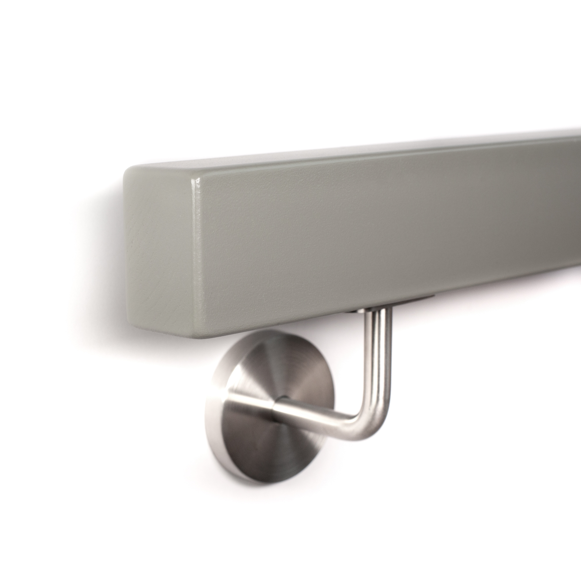 Pasamanos rectangular de haya gris de canto con soporte de acero inoxidable, extremo con radio, cantos redondeados
