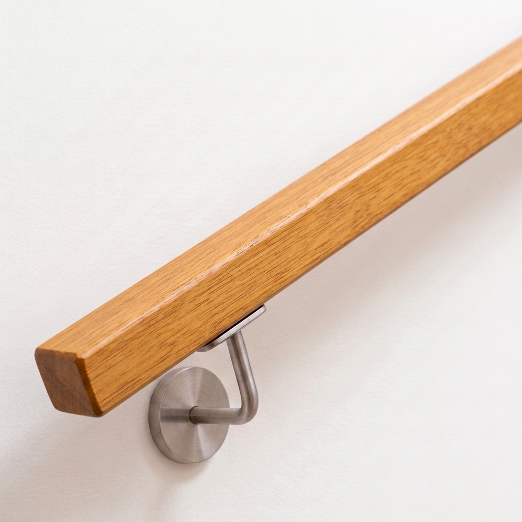 Pasamanos cuadrado de iroko marrón dorado con soporte de acero inoxidable en pared blanca, extremo recto, vista oblicua