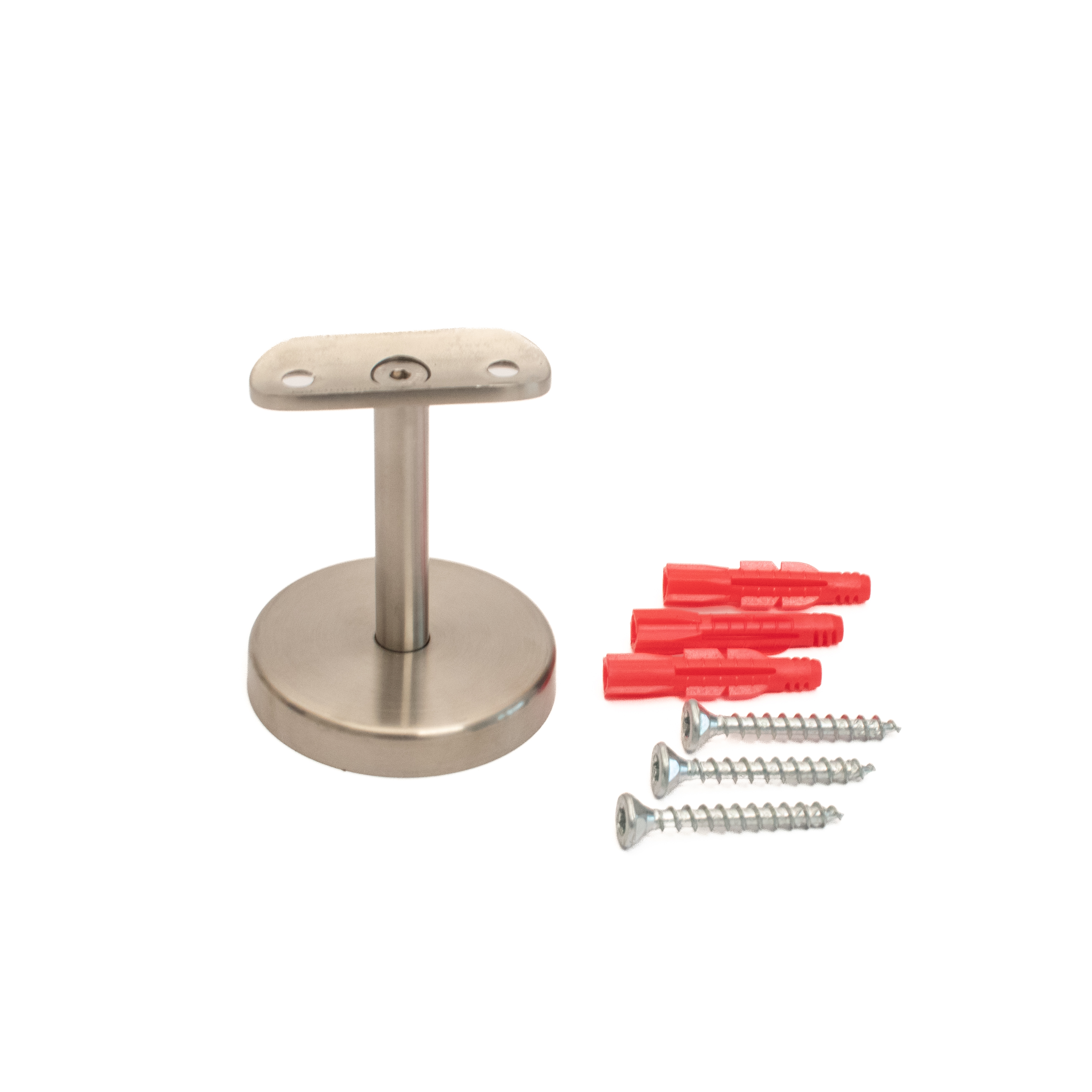 Soporte para pasamanos modelo 06 corto de acero inoxidable, placa curvada, fijación en 3 puntos, tres tacos rojos y tornillos