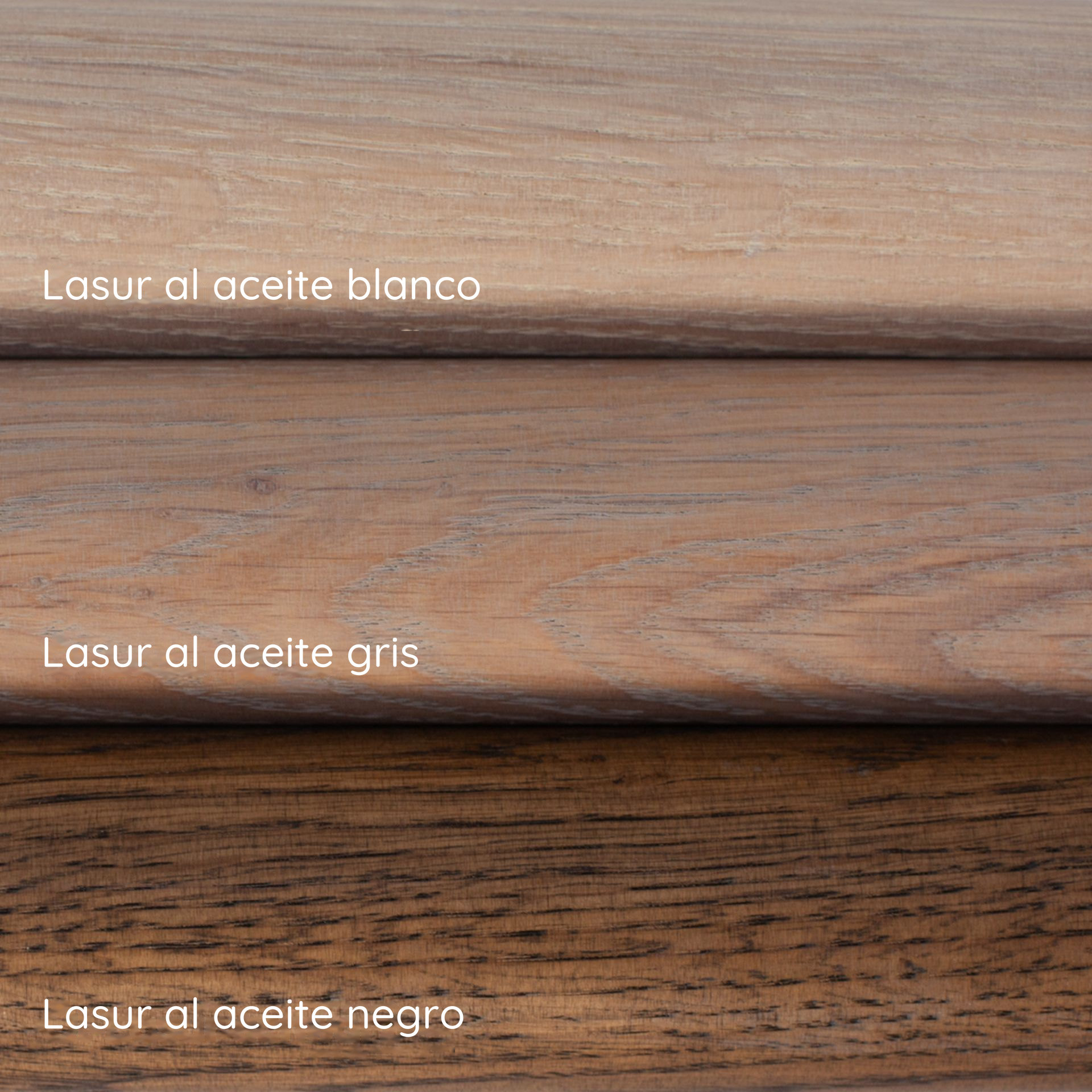 Lasur al aceite blanco, gris y negro sobre pasamanos de roble: tres muestras de color superpuestas con rótulo