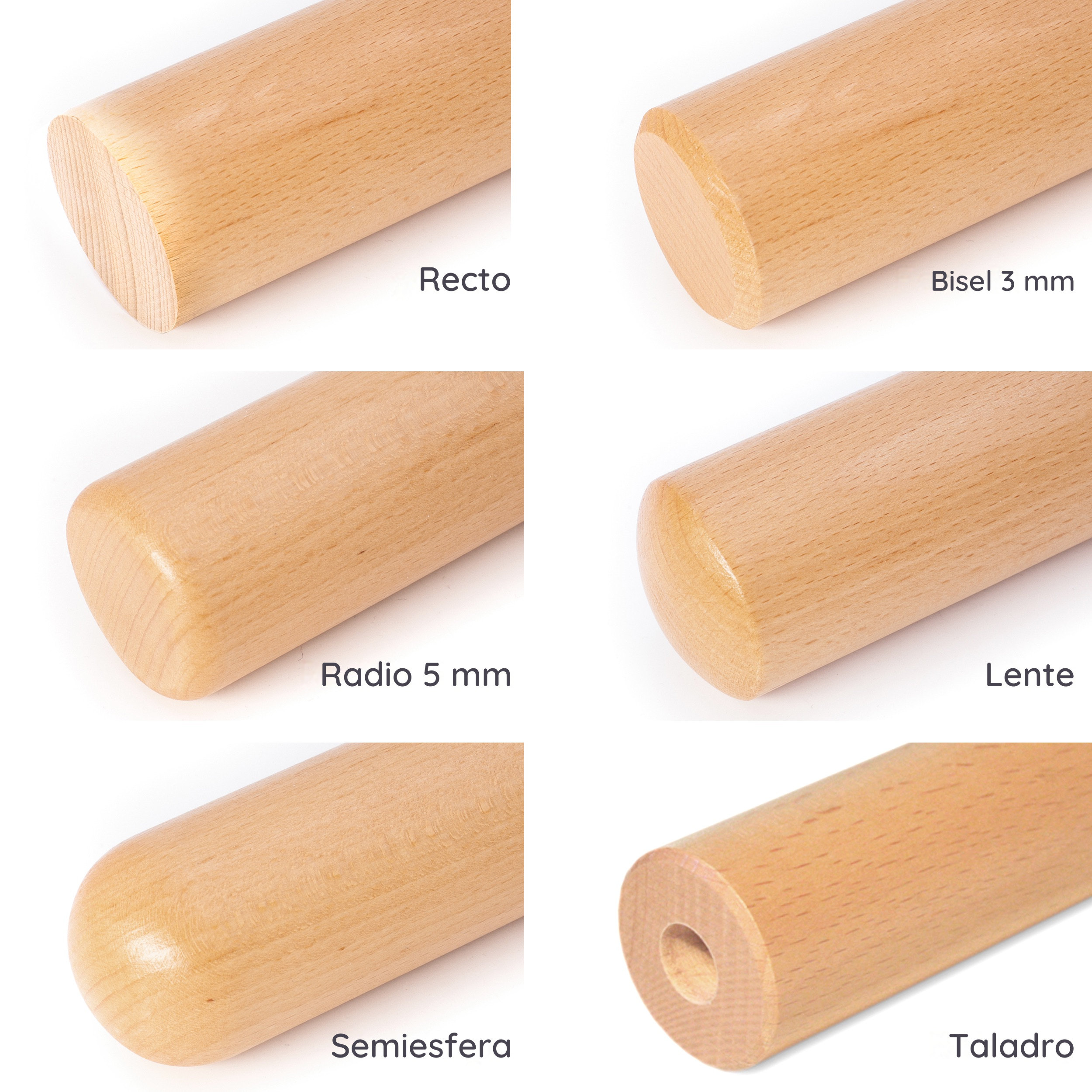 Acabados de extremo de pasamanos redondo de madera: recto, bisel de 3 mm, radio de 5 mm, lente, semiesfera y taladro