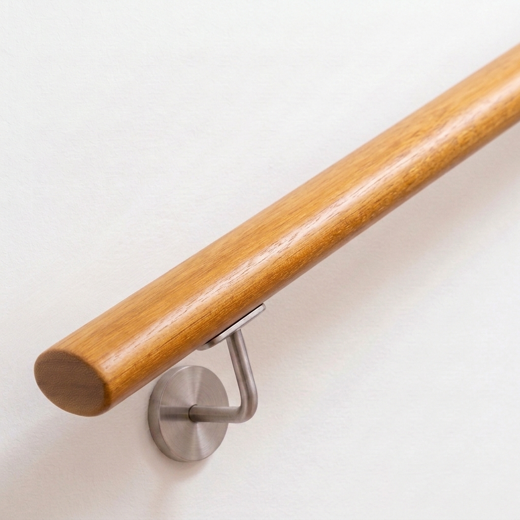 Pasamanos ovalado de iroko marrón dorado con soporte de acero inoxidable en pared blanca, extremo recto, vista desde arriba