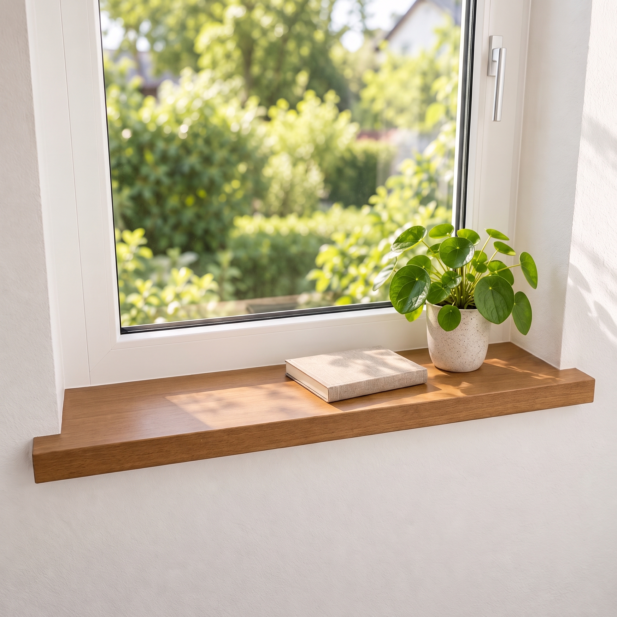 Alféizar de renovación de haya teñido de marrón, madera maciza, ante ventana blanca con vista al jardín, pilea en maceta