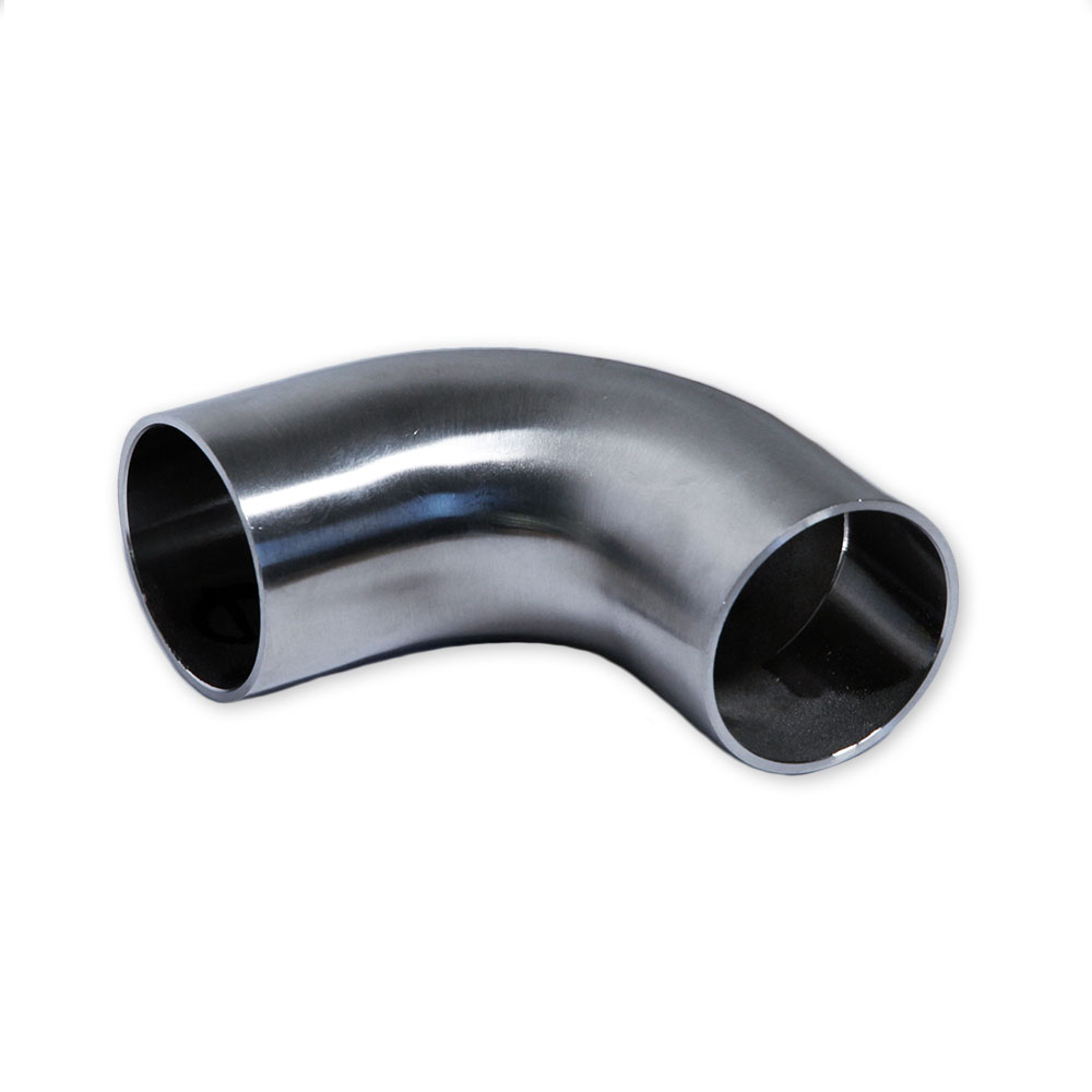 Codo de 90° de acero inoxidable para pasamanos de madera de 42 mm, codo de tubo brillante, recortado sobre fondo blanco
