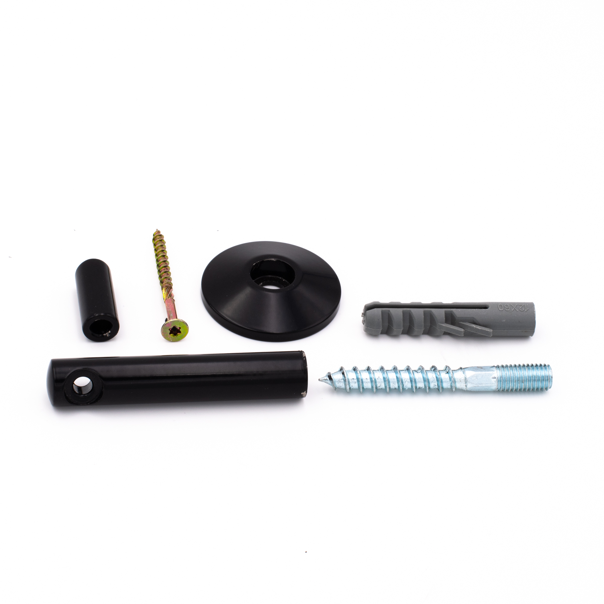 Soporte para pasamanos modelo 05 negro, piezas: tubo, roseta cónica, separador, tornillo de doble rosca, taco y tirafondo