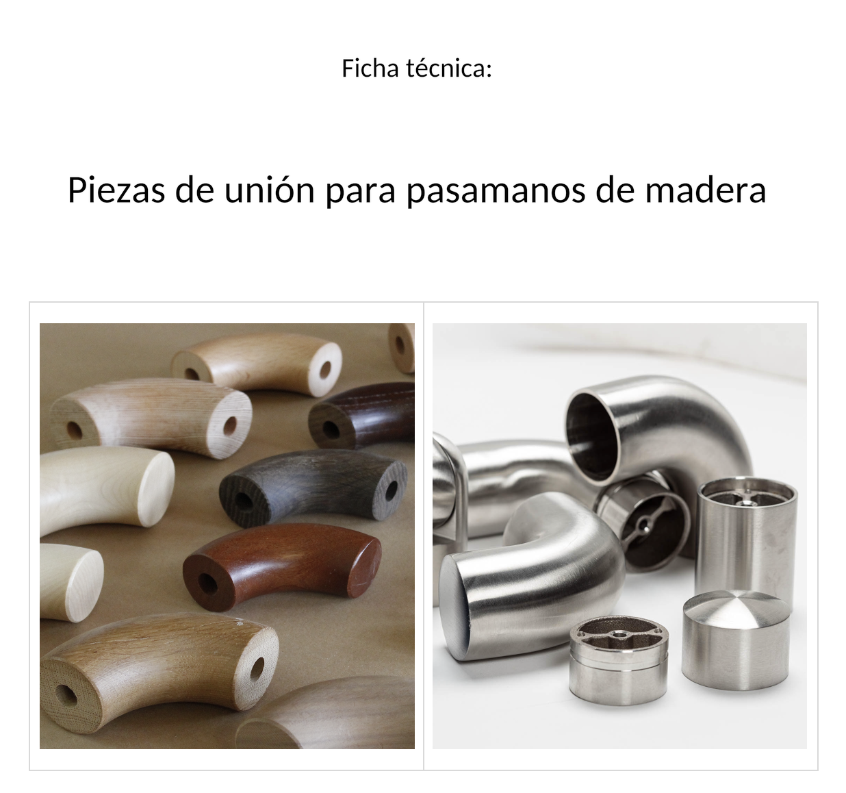 Ficha técnica de piezas de unión para pasamanos de madera: portada con codos de varias maderas y uniones de acero inoxidable