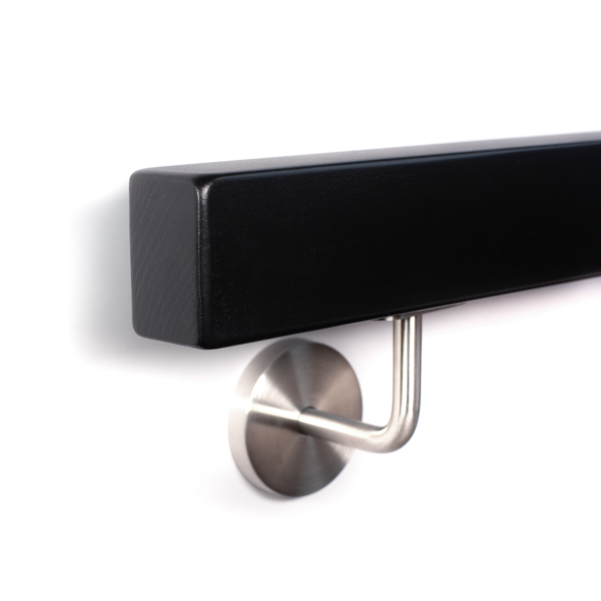 Pasamanos rectangular de haya negro de canto con soporte de acero inoxidable, extremo con radio, cantos redondeados