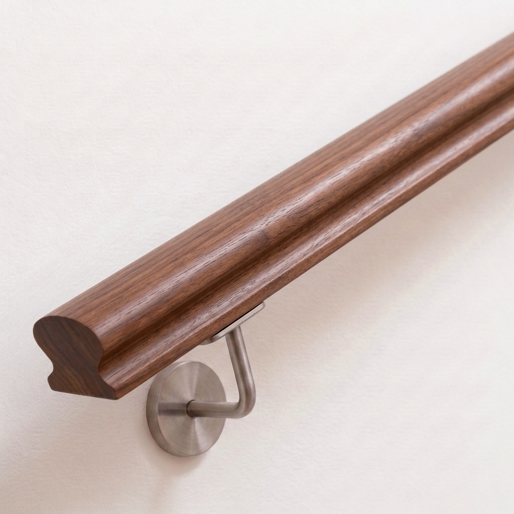 Pasamanos Omega de nogal en pared blanca con soporte de acero inoxidable, madera marrón oscuro con testa recta