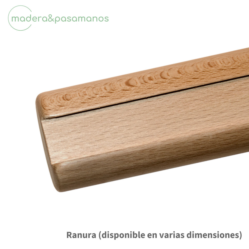 Ranura en la parte inferior de un pasamanos de madera, disponible en varias dimensiones, vista del extremo y del corte