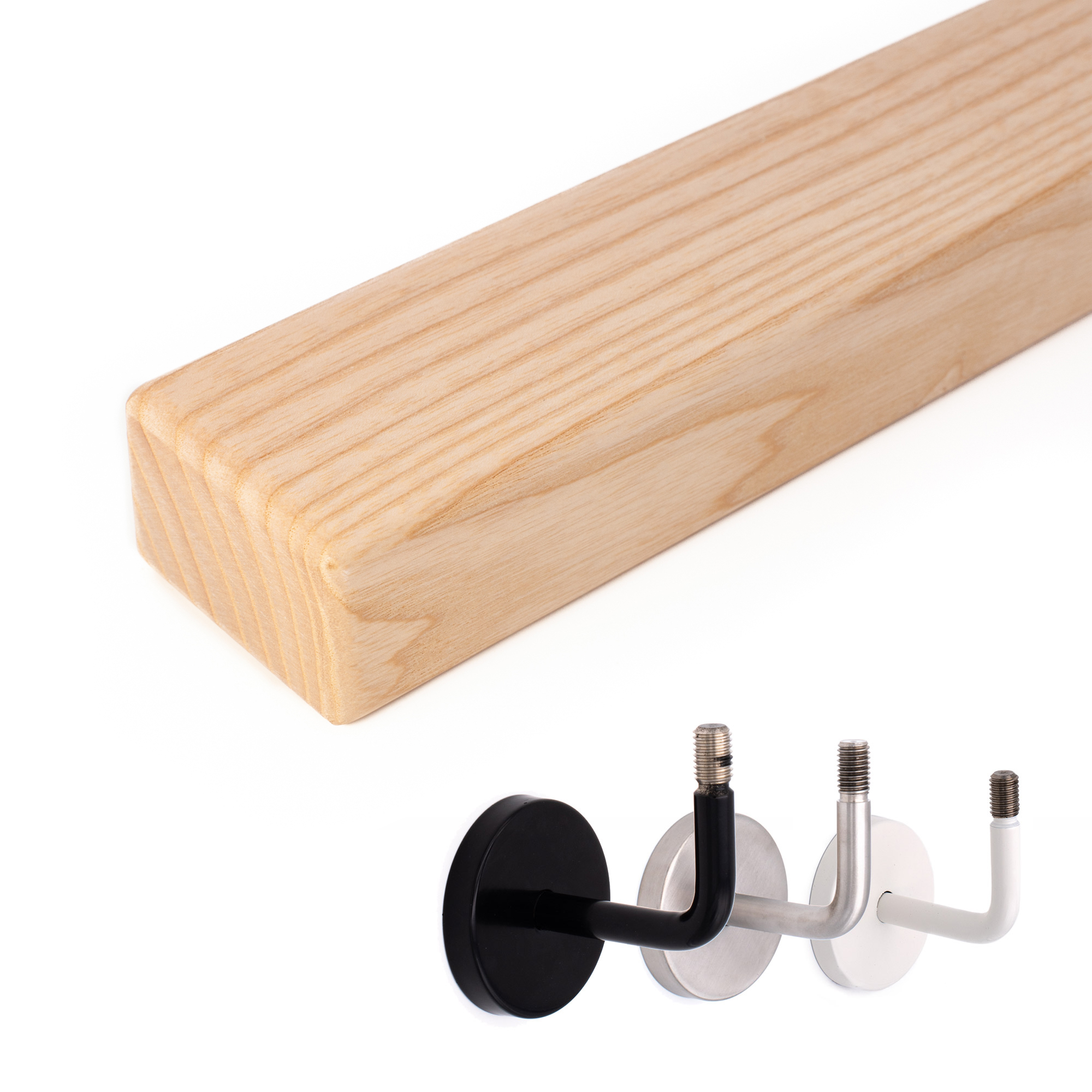 Pasamanos rectangular de fresno: perfil rectangular en fresno natural, junto a soportes en negro, acero inoxidable y blanco