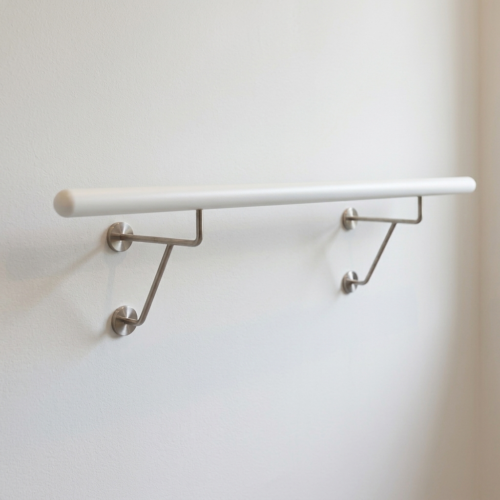 Barra de ballet de haya lacada en blanco con dos soportes dobles de acero inoxidable en pared blanca, recortada